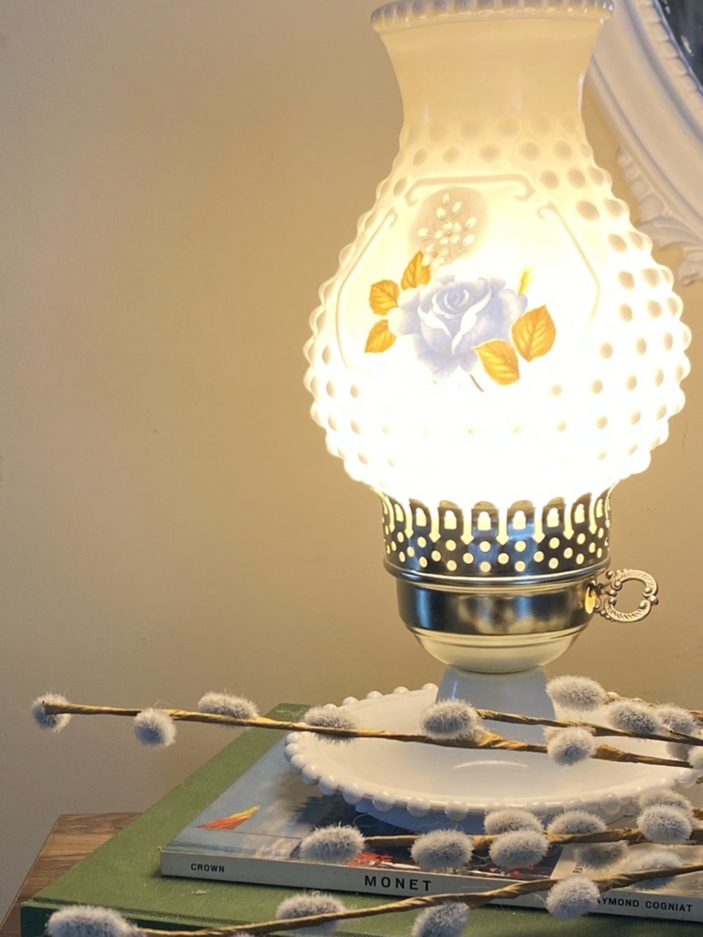 Vintage Milk Glass Hobnail Lamp | Blue Rose Floral Bedside Light